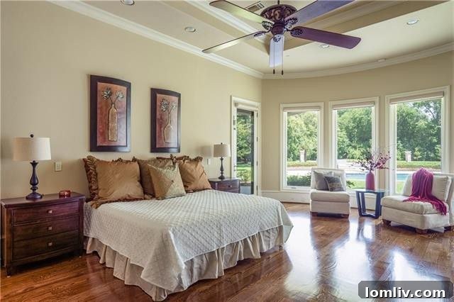 The opulent master suite, featuring a Syrian marble gas fireplace, offers a private exit to the backyard and a convenient coffee station, creating a serene and luxurious retreat.