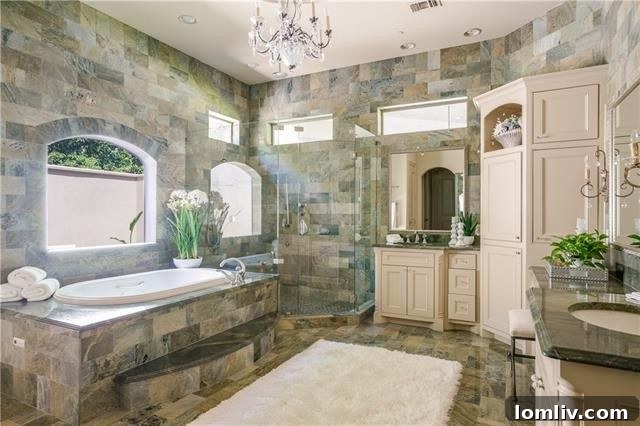 The lavish master bath features separate vanities, a luxurious jetted tub, two expansive walk-in closets, individual commodes, and an elegant frameless glass shower, designed for ultimate pampering.