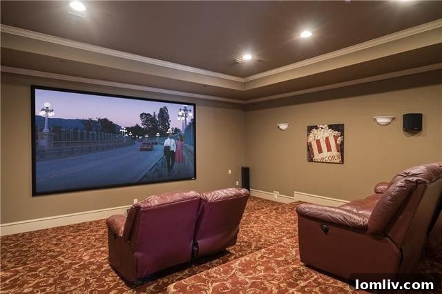 A dedicated media room, designed for cinematic excellence, boasts generous seating, professional sound equipment, an advanced projector system, and a convenient dumbwaiter connecting directly to the downstairs kitchen for effortless refreshment service.