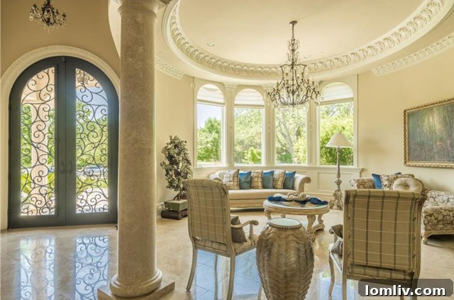 Ornate wrought iron front doors open into a magnificent foyer, where windows are adorned with automatic Hunter-Douglas shades by designer David Salem, blending security with sophisticated style.