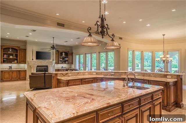 Expansive working counter space in the kitchen offers commanding views of the breakfast area, the second living room, and the beautifully landscaped backyard.