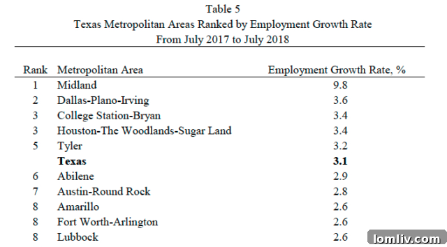 Texas Metro Area Employment Growth July Year Over Year