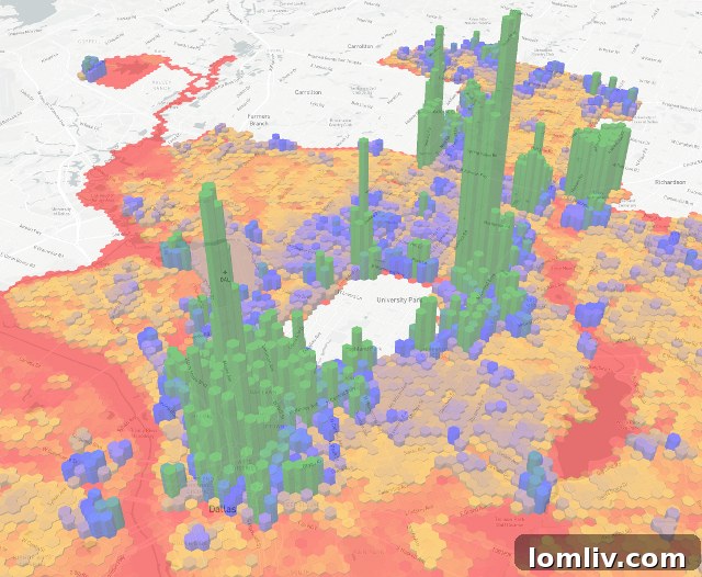 A closer view of the Dallas 3D tax map, showing prominent green columns representing commercial areas and noting no-tax zones like Trinity River and White Rock Lake in red splotches.