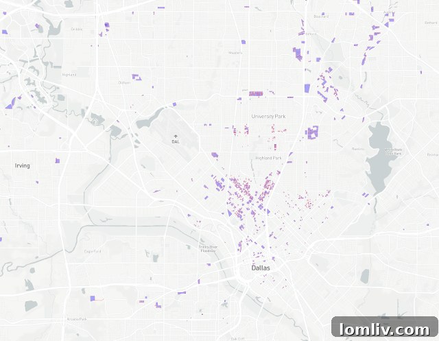 A map showing areas of multi-family condo unit distribution in Dallas, with higher concentrations in vibrant, dense neighborhoods.