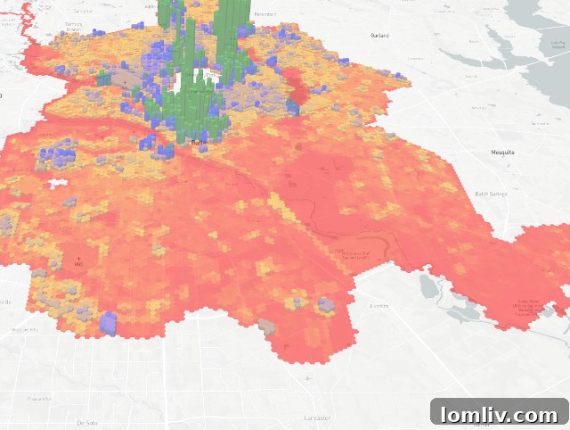 A 3D map illustrating the tax contributions of different Dallas neighborhoods, showing the varying height and color of structures.