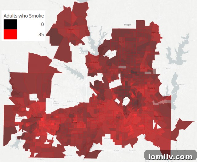 A map illustrating the prevalence of smoking and diabetes across Dallas, showing higher rates in southern areas (represented by darker red).