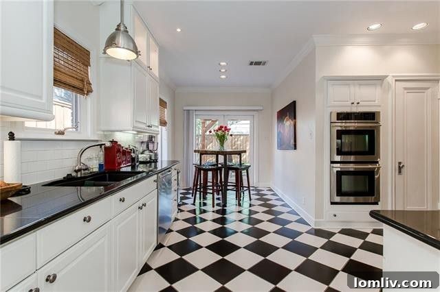 Updated kitchen with checkerboard floor