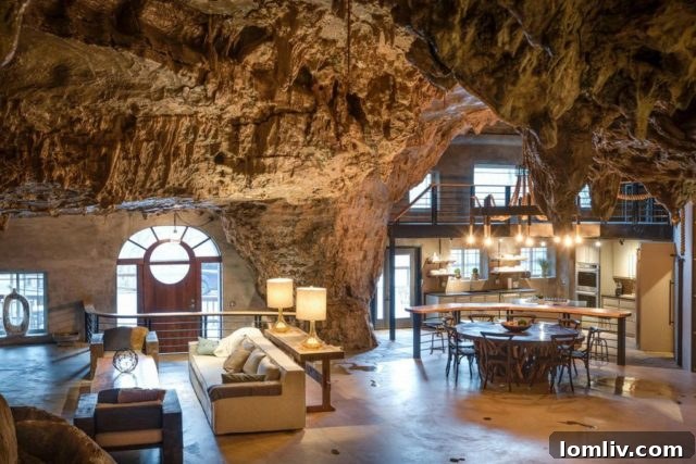 Another view of the cave lodge interior, showcasing rock formations
