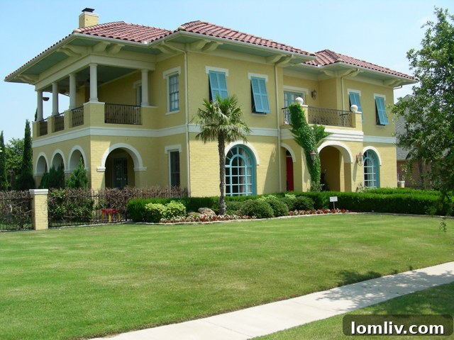 This Fort Worth home, built in the early 2000s, achieves its striking aesthetic largely due to its painted brick exterior.