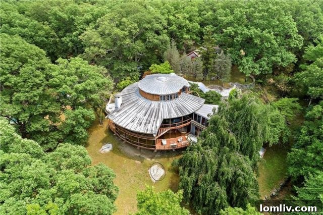 Aerial view of Jackie Gleason's Round House, showing its unique circular shape and expansive grounds
