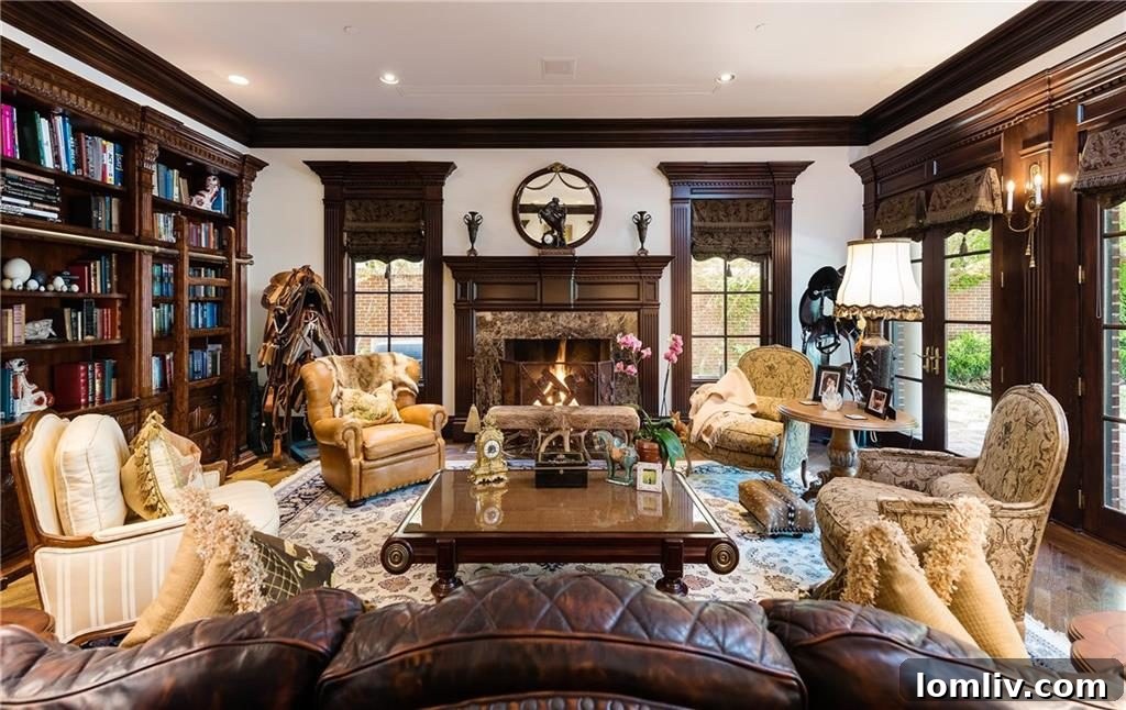 Luxurious Hallway with Rich Hardwood Flooring and Architectural Arches