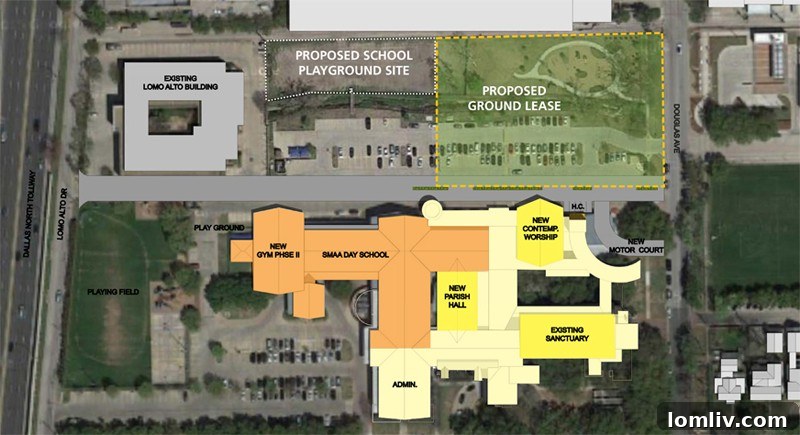 St. Michael’s 2016 development plans, showing Tollway left and Douglas Avenue right.