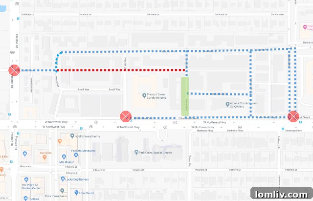 Detailed map showing potential traffic flow patterns within the Pink Wall, with green rectangle marking Tulane Boulevard and red circles indicating existing exits.