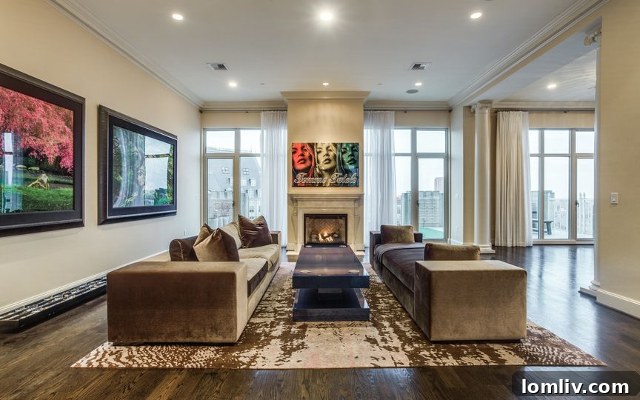 Elegant Living Room with Fireplace and City Views in Dallas Penthouse