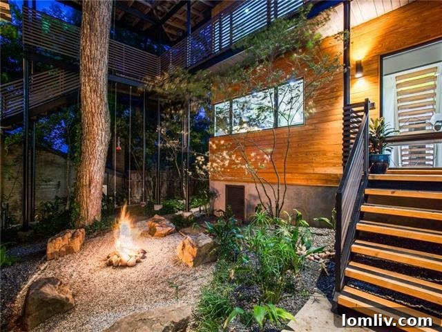 The enchanting courtyard of 7128 Wildgrove Ave with its central pecan tree