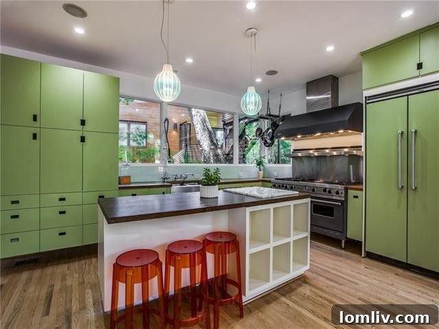 Custom green kitchen cabinets with unique notched design