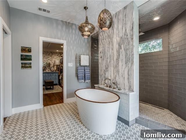 Luxurious master bathroom with unique wallpaper and modern fixtures