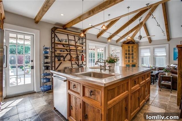 Close-up of custom kitchen cabinetry and exposed beams.
