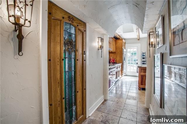 Elegant barrel-vaulted hallway leading to the kitchen.
