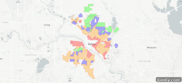 Historical Dallas Redlining Map displaying areas classified by lending risk in the 1930s.