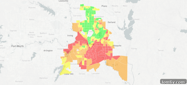 Modern Opportunity Index Map of Dallas, showing varying levels of economic opportunity across neighborhoods.