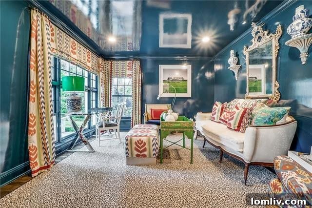 Stylish seating area with unique art and vibrant textures in the renovated home