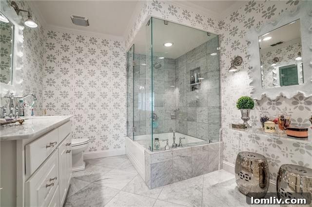 Another view of the distinctive bathtub and shower area in the renovated bathroom