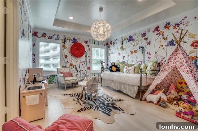 Vibrant playroom with whimsical Voutsa wallpaper, designed like a giant's garden