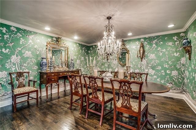 Elegant dining room after renovation, featuring Chinois Palais Lettuce wallpaper