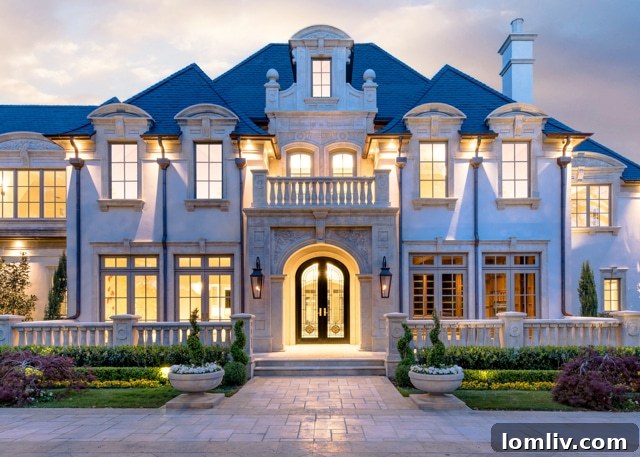 Modern luxury home exterior, showcasing architectural details at dusk.