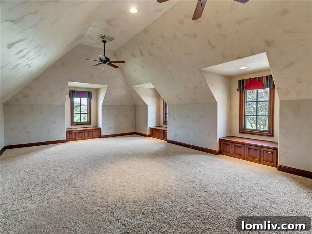 View of the expansive backyard with lush greenery and pathway leading to outdoor amenities.