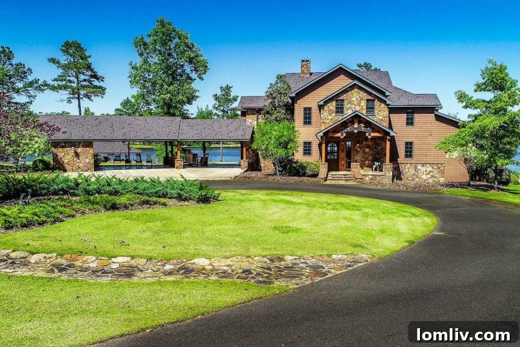 Stunning lodge-style luxury lakefront home in East Texas with expansive water views from the front.