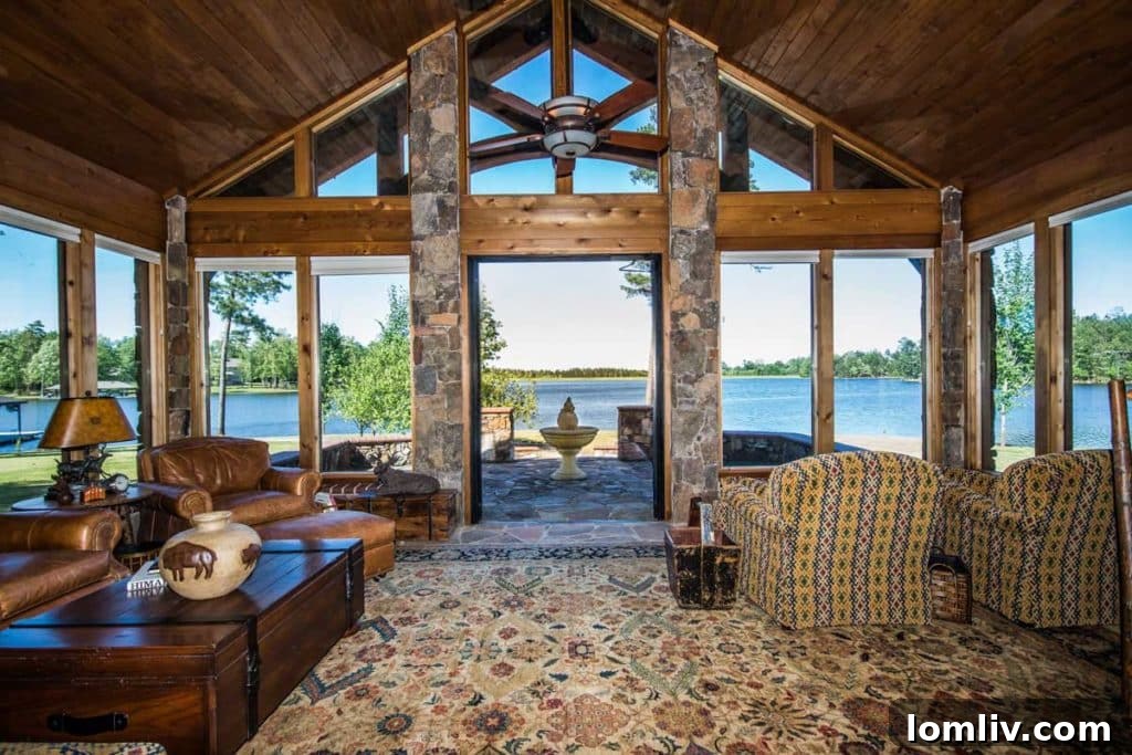 Gourmet kitchen featuring state-of-the-art appliances, luxurious granite countertops, and a large window overlooking Lake Windermere in East Texas.