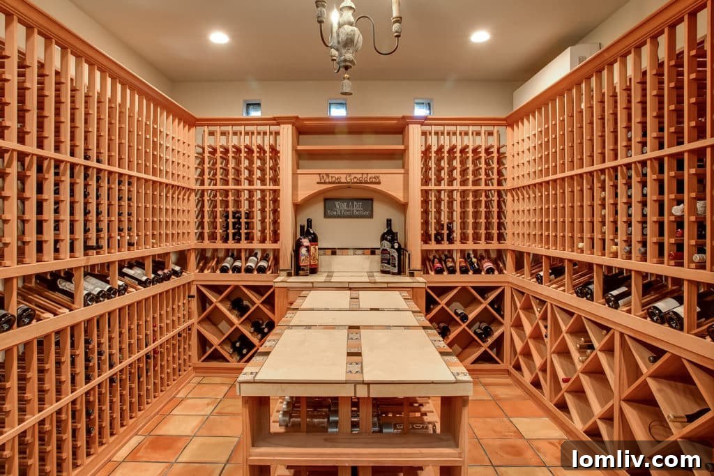 Elegant 2,000-bottle capacity wine cellar inside the luxury home, also serving as a tornado shelter