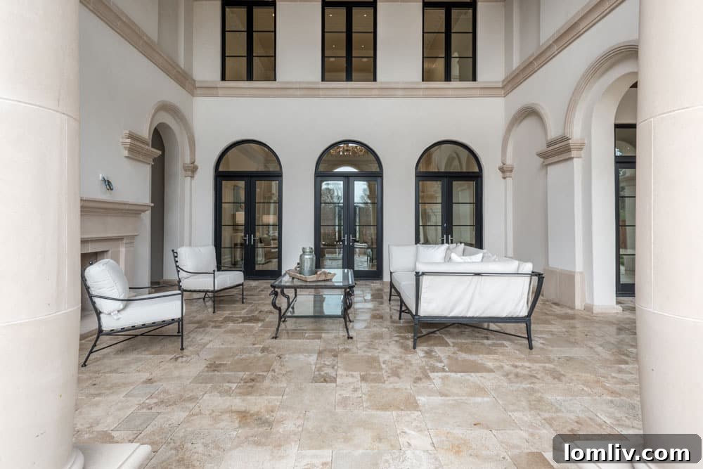 Outdoor living area with pool, spa, and loggia