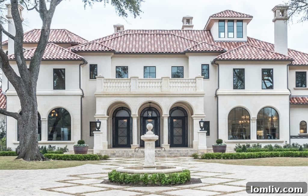 Front exterior of a luxury Italian Mediterranean estate by Bella Custom Homes with grand entrance