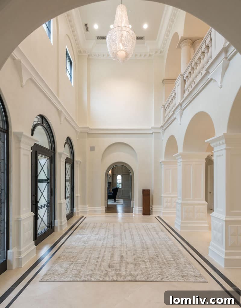 Interior view of the grand entryway with high ceilings and marble floors