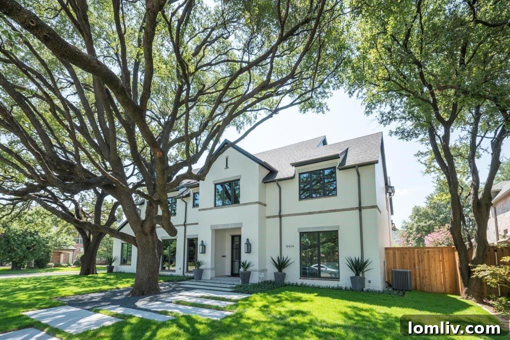 Elegant exterior facade of the custom-built home at 6474 Tulip Lane in Preston Hollow, Dallas.