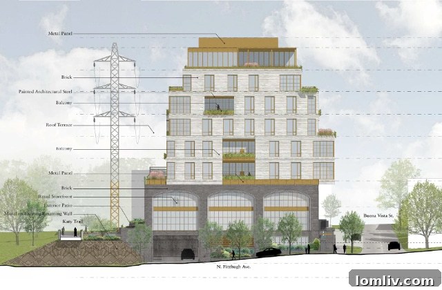 View of 'The Terminal' building from Fitzhugh Street with the Katy Trail, highlighting the unique architectural bump-out