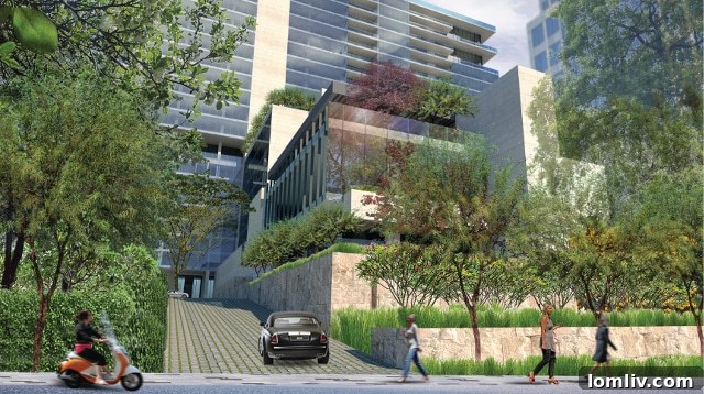 Detailed rendering showing luxury amenities, terracing, and green spaces at 2999 Turtle Creek