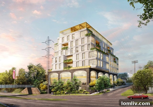 Architectural rendering of 'The Terminal' building, showcasing its unique design and integration with the Katy Trail