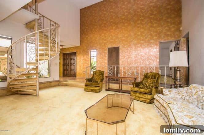 70s Reflection Rocks the Panel 6 Staircase with patterned wallpaper and dark wood in 1970s home