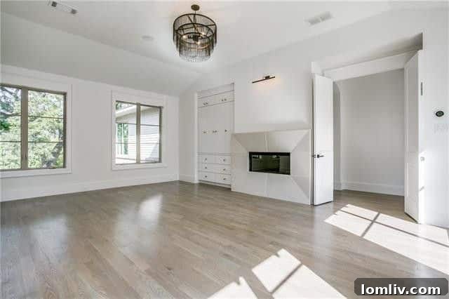 Luxurious Upstairs Master Suite with Two Walls of Windows and a Charming Fireplace