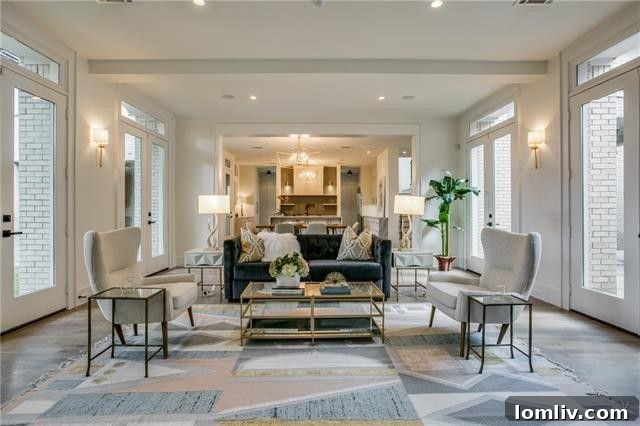 Inviting Living Room with Cozy Fireplace and Abundant Natural Light from Large Windows