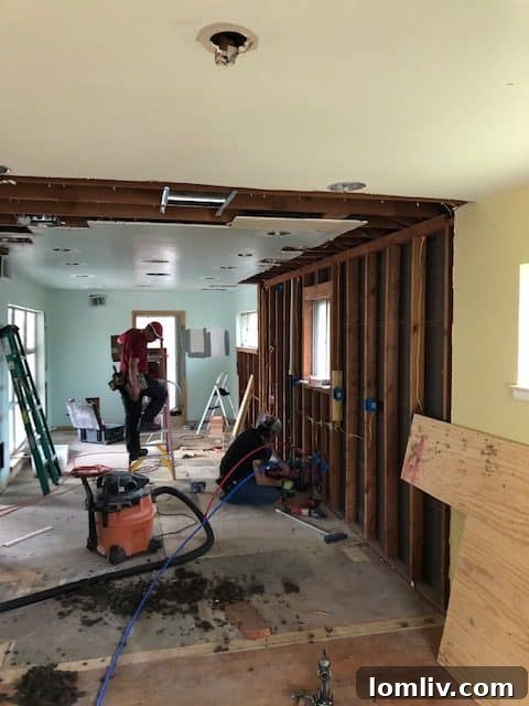 Interior walls stripped down to the studs during the extensive renovation process