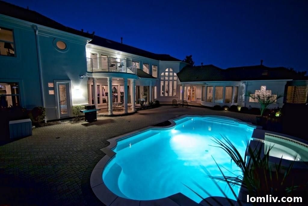 The sparkling heated pool and spa area in the backyard of the luxury airpark home at 1620 Airpark Lane.