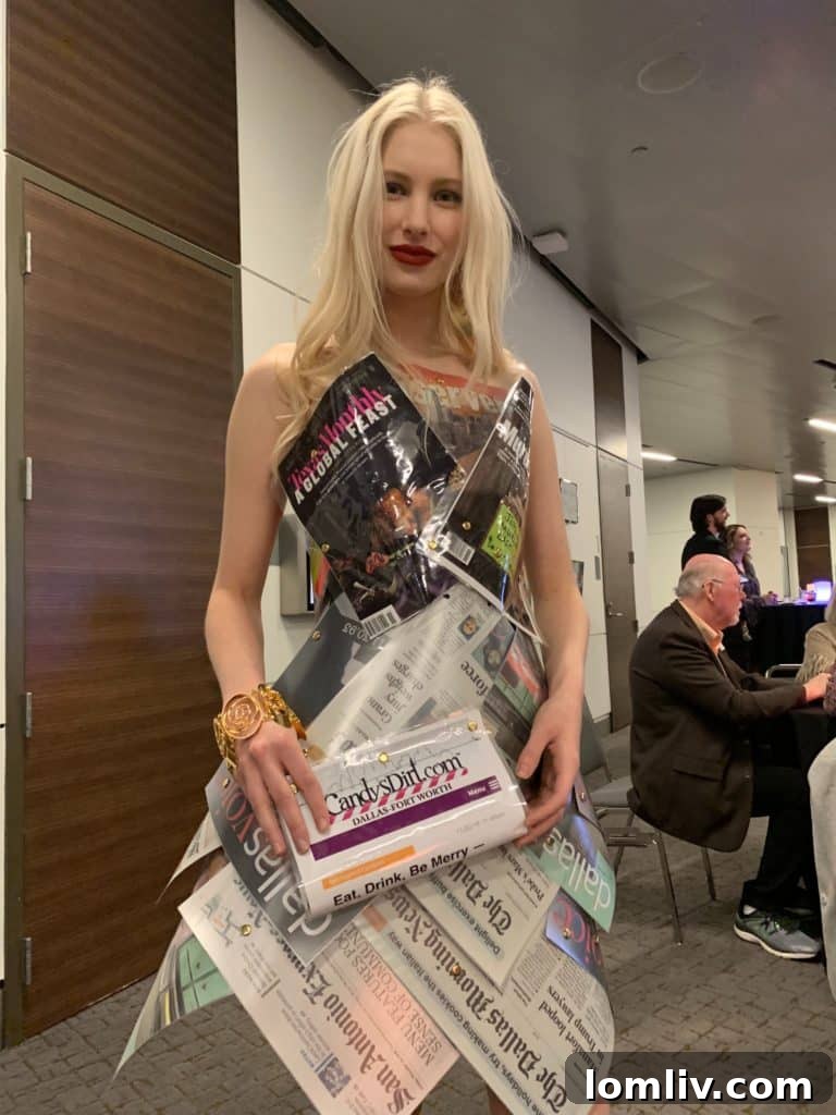 Elegant newsprint dresses crafted from Daltxrealestate.com content, modeled by Laura Persons.
