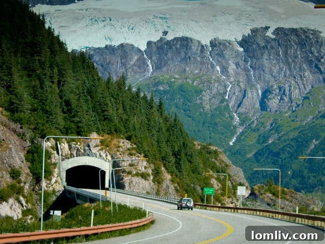 Whittier Tunnel entrance with cars waiting