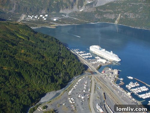 Whittier Harbor with mountains in the background