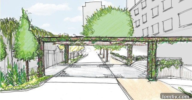 Re-imagined main entrance to 703 McKinney, featuring an overhead trellis and enhanced connectivity to the parking area.